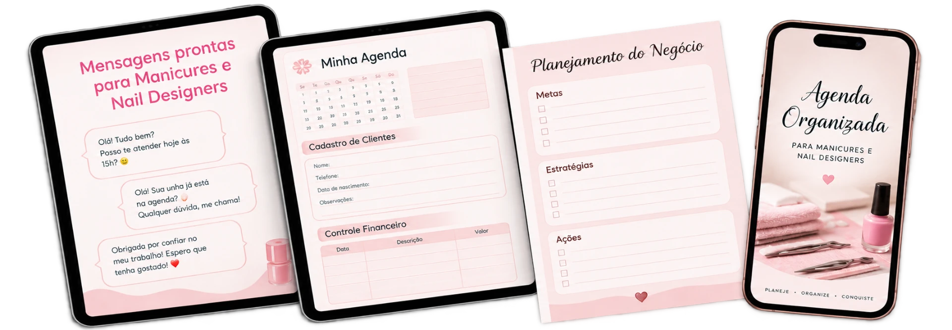 Agenda Organizada exibida em tablets e celular